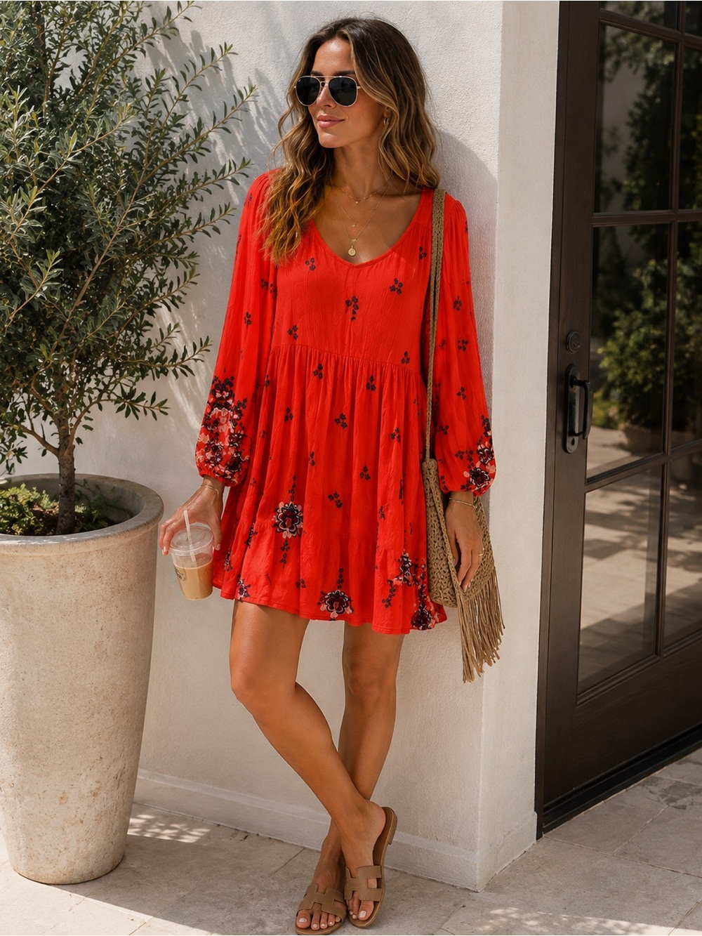Free People Red Floral embroidered Boho Long-Sleeve Mini Dress size Small